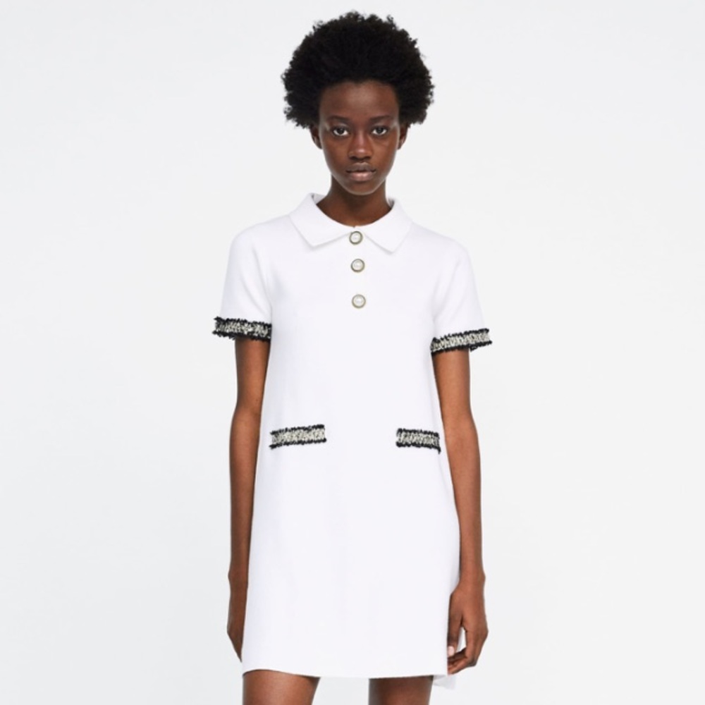 Zara knit dress with tweed trim and pearl buttons